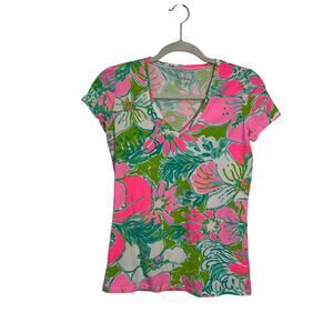 Lilly Pulitzer Etta V Neck Pink Blossom Wild About You Top T-shirt Women's XS